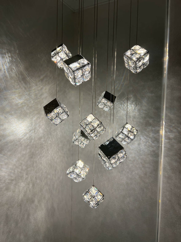 Modern Crystal Cube Chandelier, Multi Light Pendant with Titanium Black