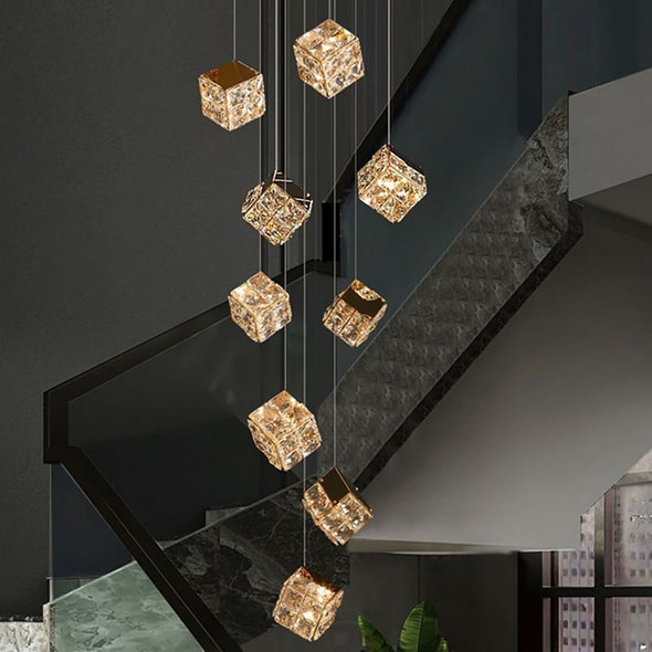 Modern Crystal Cube Chandelier, Multi Light Pendant with Titanium Black