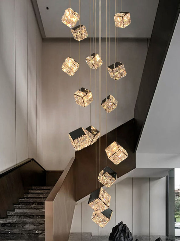 Modern Crystal Cube Chandelier, Multi Light Pendant with Titanium Black