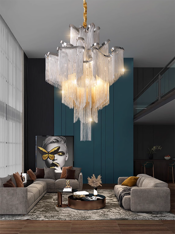 Modern Fringed Chandeliers Luxury Silver Aluminium Chain Pendant lights Living Room Hotel Hanging Lamps