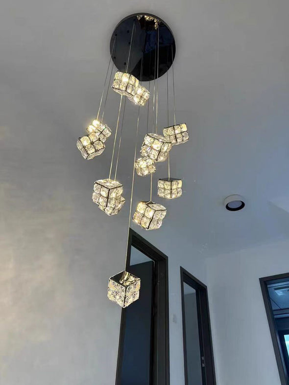 Modern Crystal Cube Chandelier, Multi Light Pendant with Titanium Black