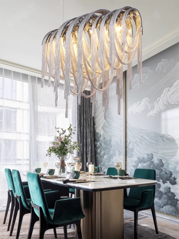 Post-modern Aluminum Tassel Chandeliers Luxury Arch Silver Pendant Lights For Villa Dinning Room Hotel Decor Lighting