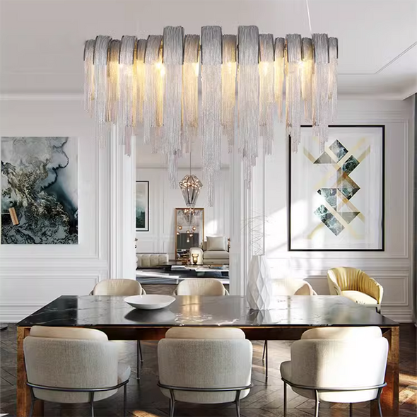 Post-modern Aluminum Tassel Chandeliers Luxury Arch Silver Pendant Lights For Villa Dinning Room Hotel Decor Lighting