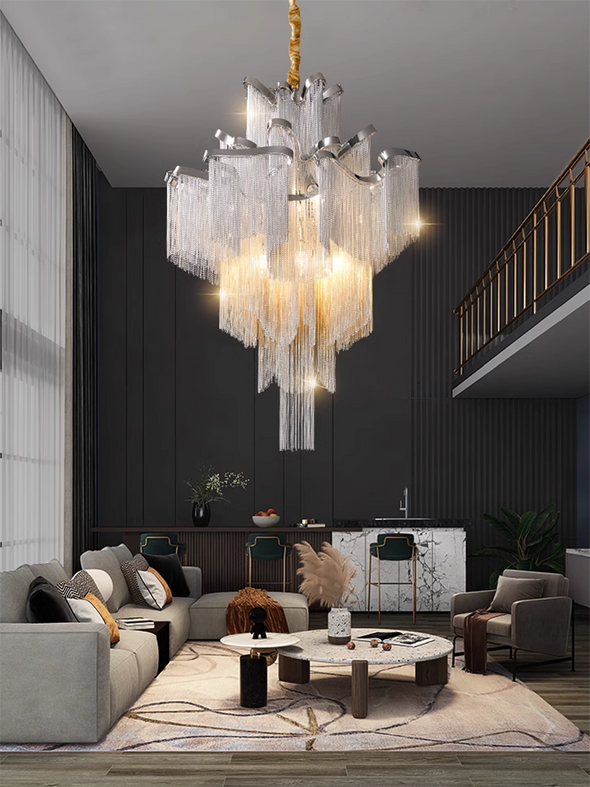 Modern Fringed Chandeliers Luxury Silver Aluminium Chain Pendant lights Living Room Hotel Hanging Lamps