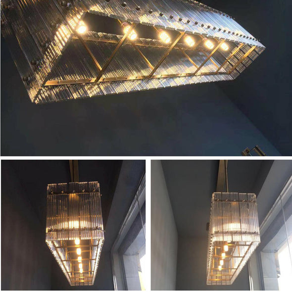 Retro-style Farmhouse Chandelier Rectangular Water Ripple Crystal Glass Home Decor