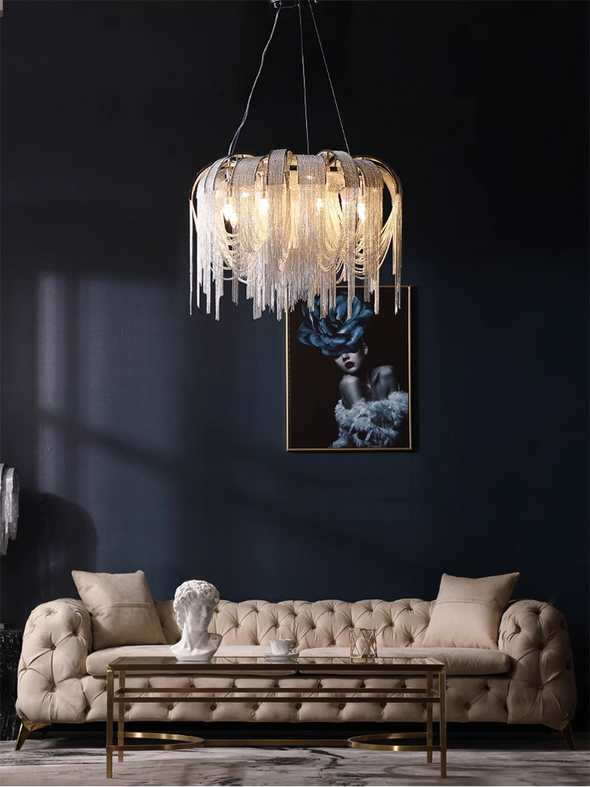 Post-modern Aluminum Tassel Chandeliers Luxury Arch Silver Pendant Lights For Villa Dinning Room Hotel Decor Lighting