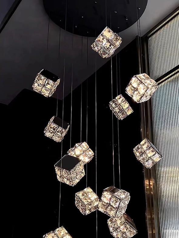 Modern Crystal Cube Chandelier, Multi Light Pendant with Titanium Black