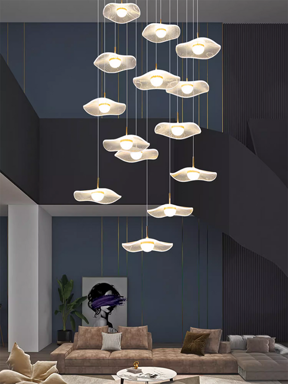 Bulb Lotus Leaf Chandeliers Acrylic Gold Staircase Rotating Long Pendent Lights Living Room Dining Room