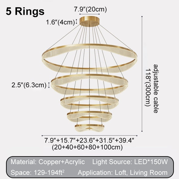 Copper Ring Chandelier Luxury Gold Rings Long Ceiling Pendant Lamp For Staircase Living Room Loft Villa