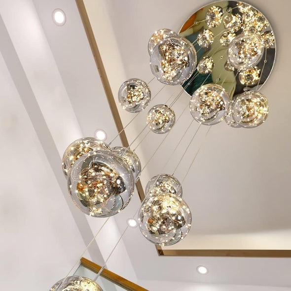 Chandelier Glass Ball Gypsophila, Modern LED Staircase Chandelier Lights, Large Chandeliers for High Ceilings, Modern Villas and Stairs