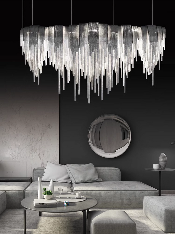 Post-modern Aluminum Tassel Chandeliers Luxury Arch Silver Pendant Lights For Villa Dinning Room Hotel Decor Lighting