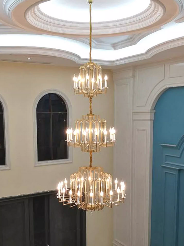 American Crystal Long Chandeliers Loft  Villa Hotel Luxury High-grade French Gold Pendant Lights Fixture