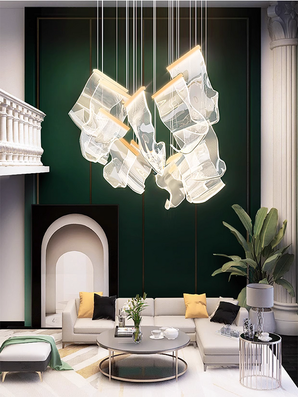 Modern Acrylic Leaf Chandeliers Luxury Led Home Decor Pendant Light Loft Duplex Stair Bar Hanging Lamp Living Room