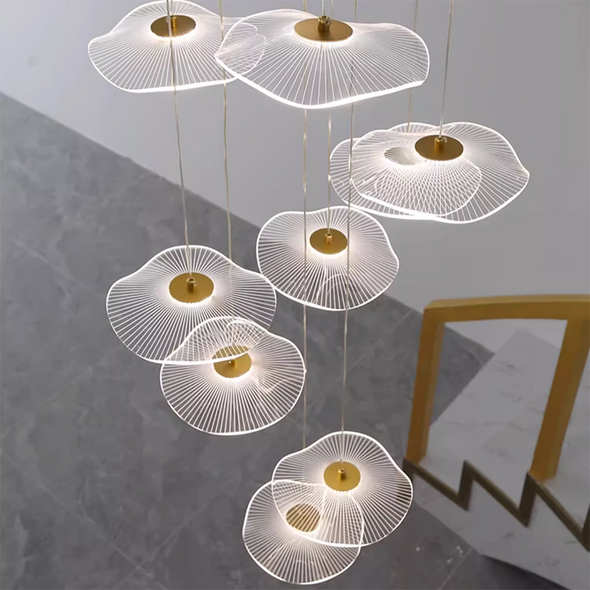 Acrylic Lotus Leaf Chandeliers Gold LED Foyer For High Ceiling Loft Staircase Pendant Lights Hanging Lamp For Kitchen Island