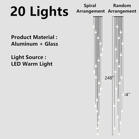Mid-Century Modern Staircase Chandelier Aluminum 6-28 Lights Gold Black