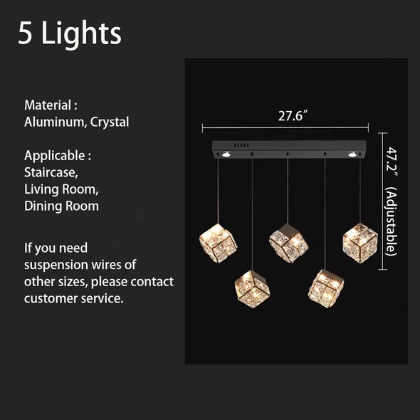 Modern Crystal Cube Chandelier, Multi Light Pendant with Titanium Black