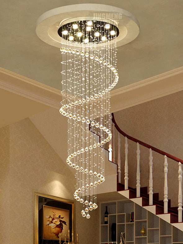 Large Long Ceiling Chandelier Luxury Spiral Crystal Flush Mount Lighting Fixture Stairwell Loft Entrance