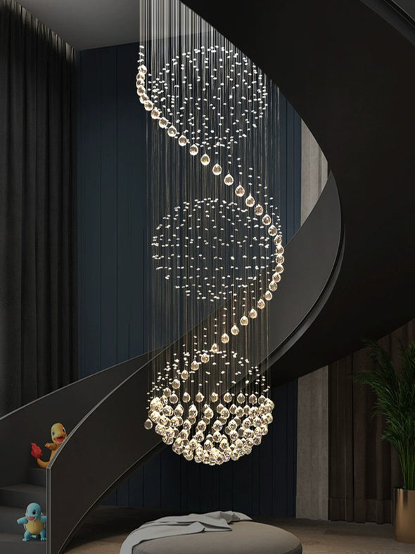 Modern High Ceiling Chandelier Crystal Spiral Staircase Loft Light Fixture Top Design Flush Mount