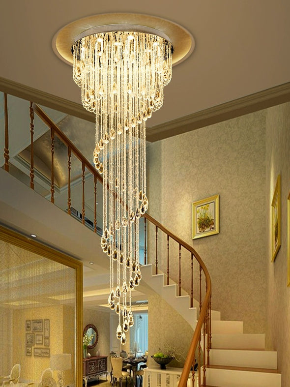 Modern Raindrop Crystal Long Ceiling Chandelier Luxury Flush Mount Lighting Fixture Staircase Lobby Loft