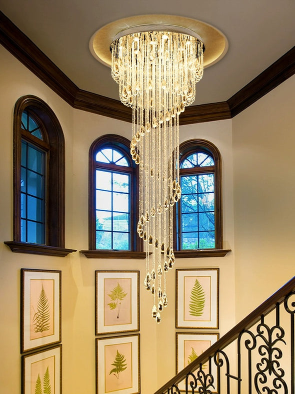 Modern Raindrop Crystal Long Ceiling Chandelier Luxury Flush Mount Lighting Fixture Staircase Lobby Loft