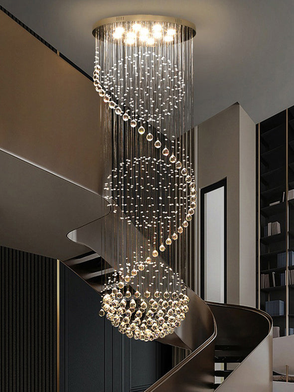 Modern High Ceiling Chandelier Crystal Spiral Staircase Loft Light Fixture Top Design Flush Mount