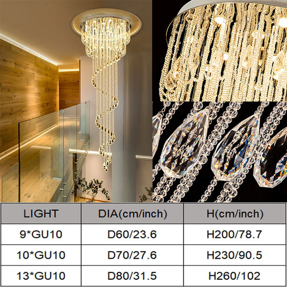 Modern Raindrop Crystal Long Ceiling Chandelier Luxury Flush Mount Lighting Fixture Staircase Lobby Loft