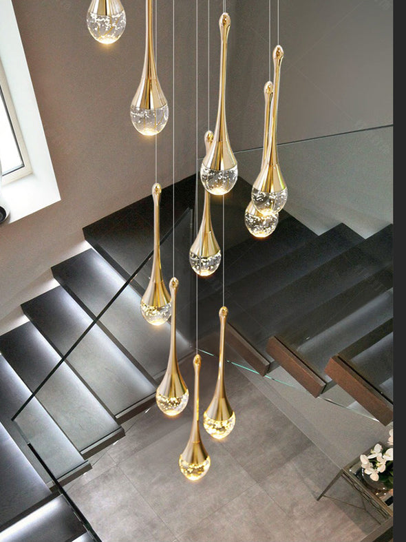 Crystal Raindrop Chandelier Long Ceiling Pendant Light Gold Lighting Fixture For Staircase Living Room